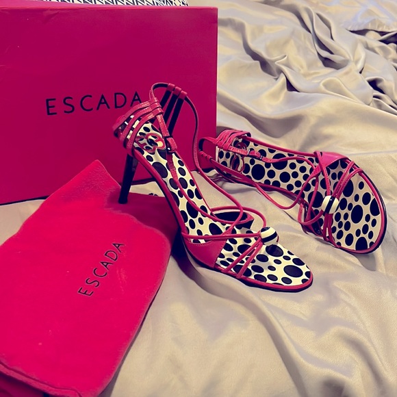 Escada Barbie Pink with Black and white Polka Dot Strappy Stilettos 👠 6.5 - Picture 4 of 12
